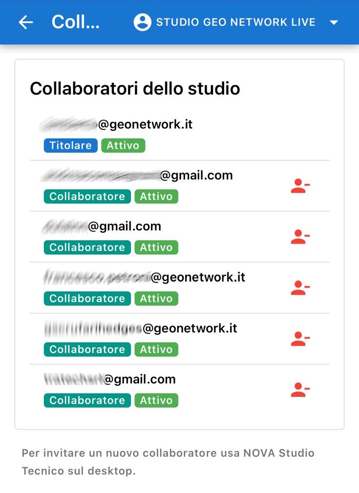Pagina Collaboratori dello studio nell'app
