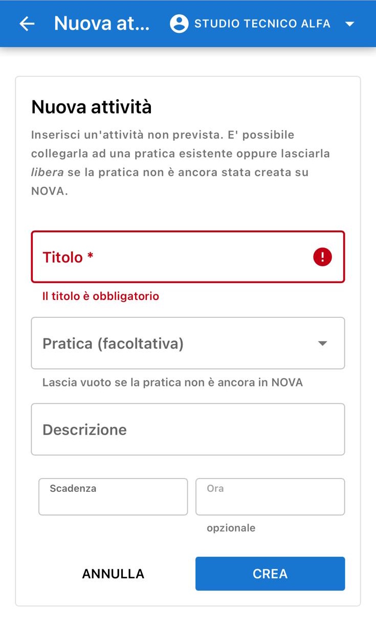 Form di creazione di una nuova attività