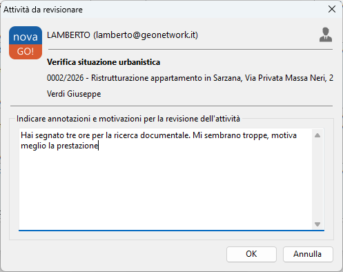 Dialog Attività da revisionare con il campo per le annotazioni da rivedere